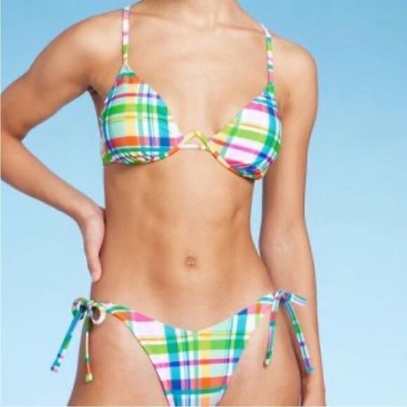 NWT Wild Fable Junior’s 2 Piece Multicolor Plaid Swimsuit, Low Rise High Leg, S - Picture 1 of 10